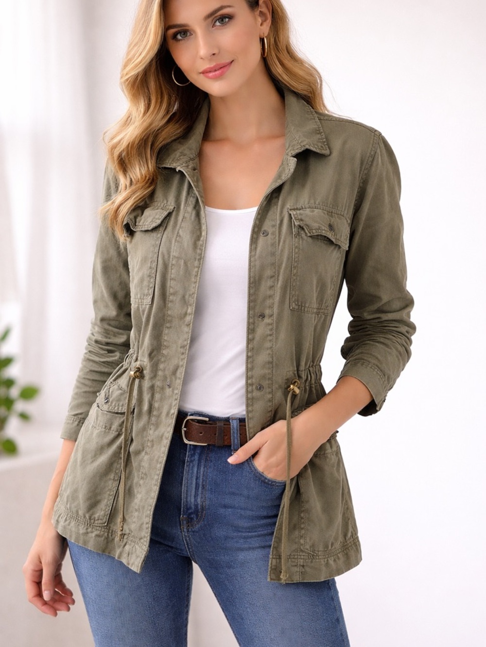 Only Olive Green Drawstring Utility Jacket. PTP 21